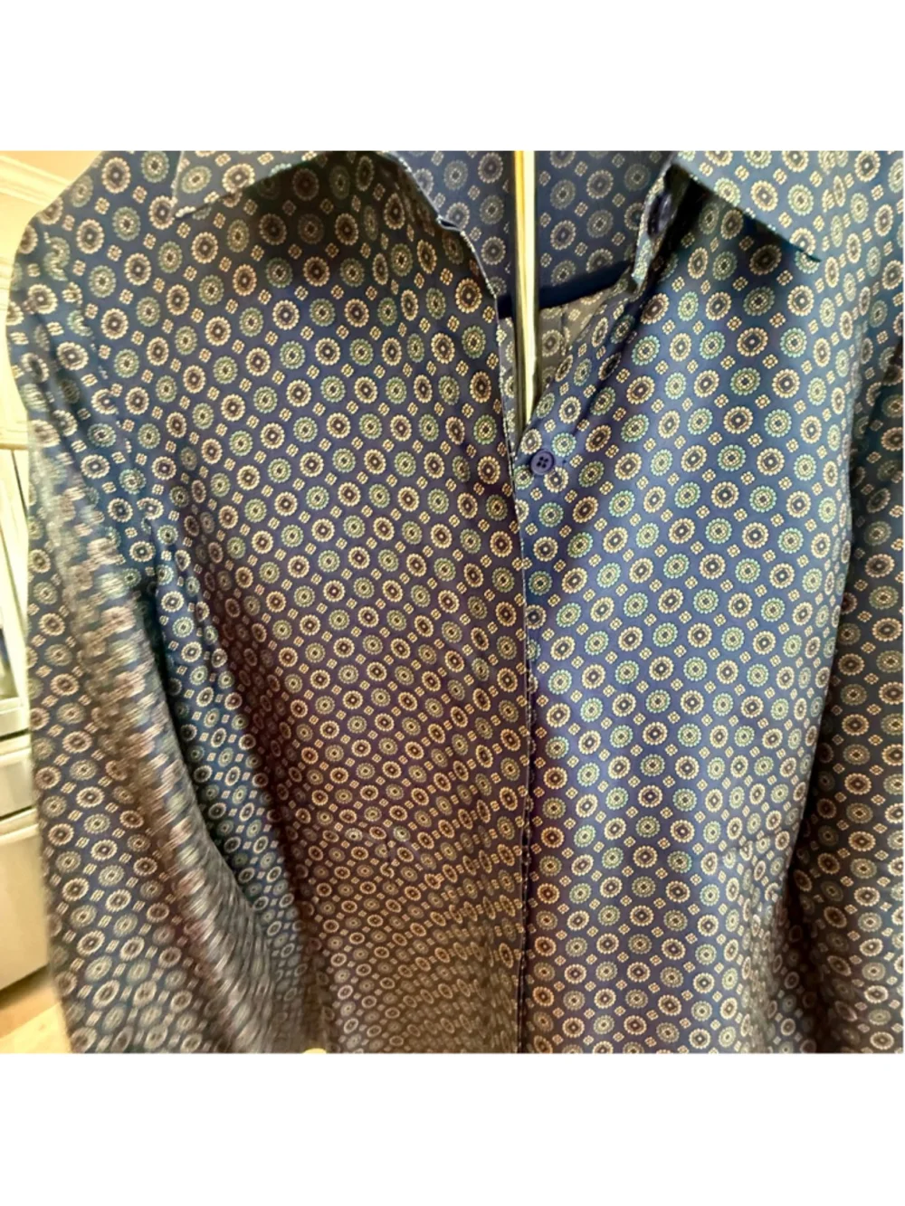 Lafayette 148 silk Button Down Shirt M Blue Brown Dot Print, oversized cuffed - Picture 4 of 11
